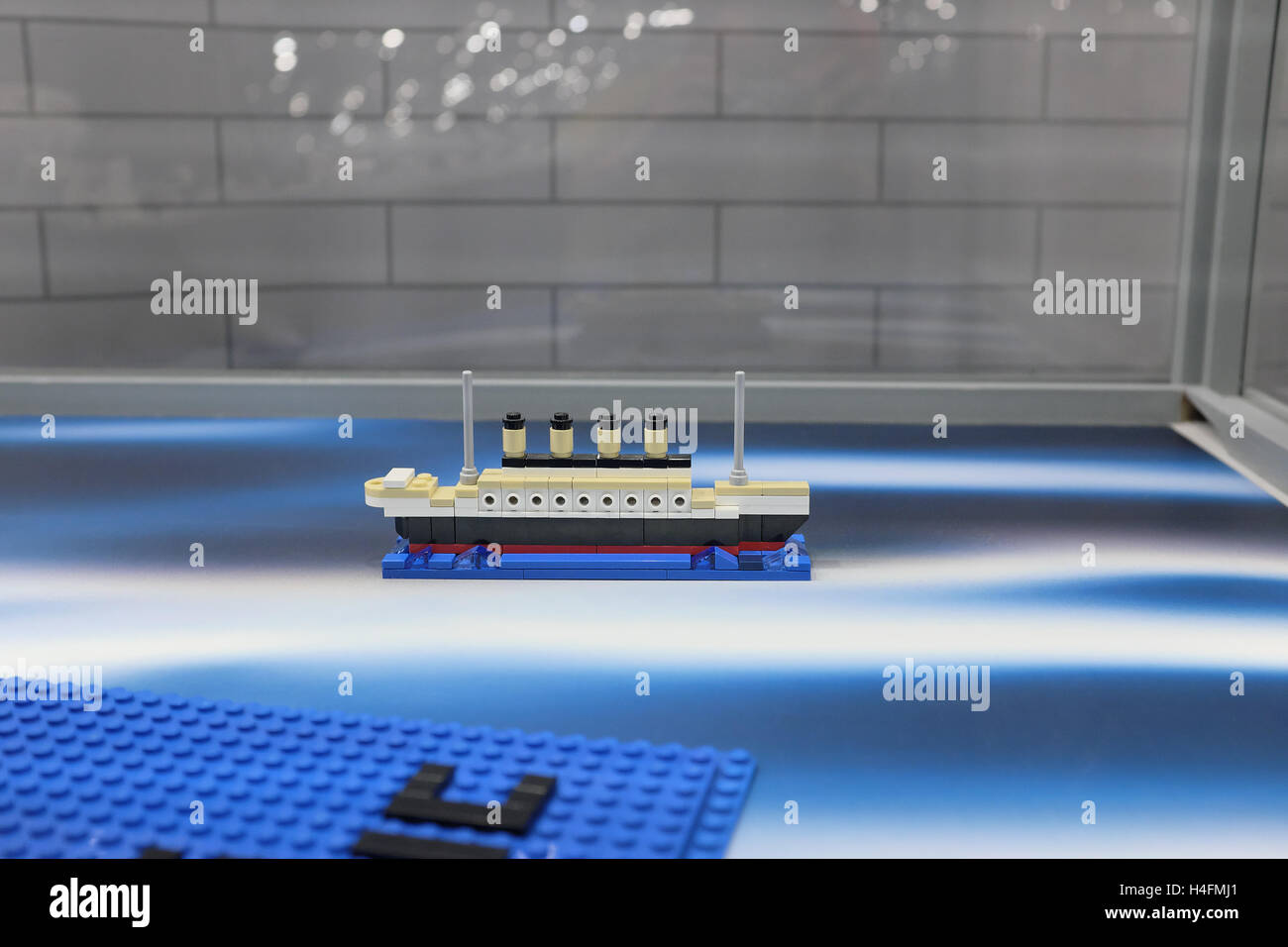 Miniature replica kit model of the Titanic ship made from Lego blocks, Rzeszów exhibition,Poland Stock Photo