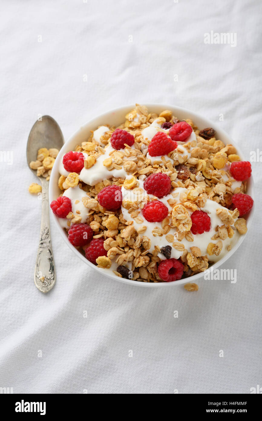 Healthy breakfast granola in bowl, food closeup Stock Photo