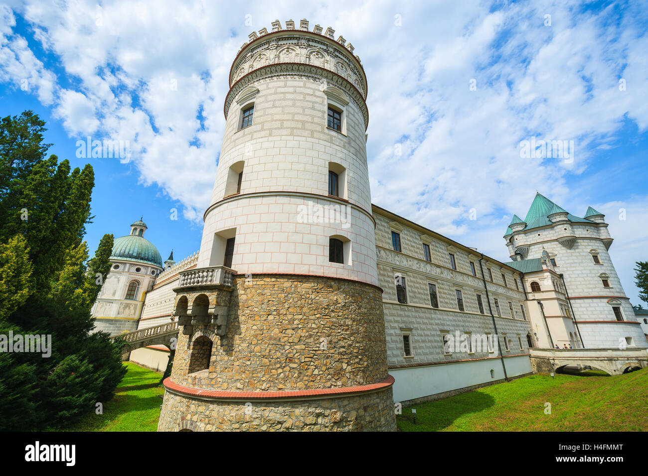 Towers of beautiful Krasiczyn castle on sunny summer day, Poland Stock Photo