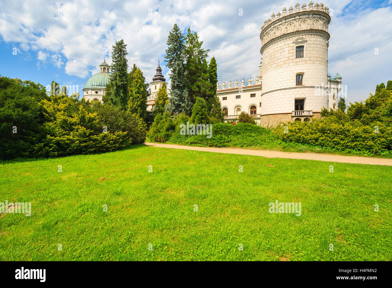 Gardens of beautiful Krasiczyn castle on sunny summer day, Poland Stock Photo