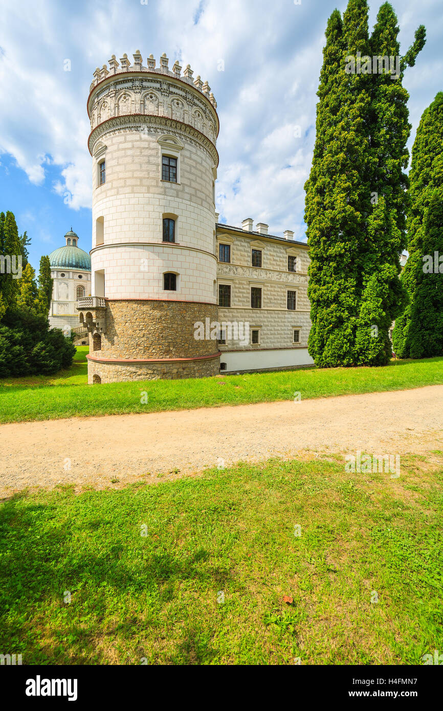 Beautiful Krasiczyn castle tower in a park on sunny summer day, Poland Stock Photo