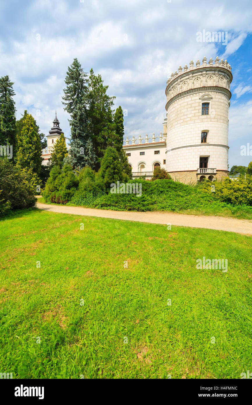 Gardens of beautiful Krasiczyn castle on sunny summer day, Poland Stock Photo