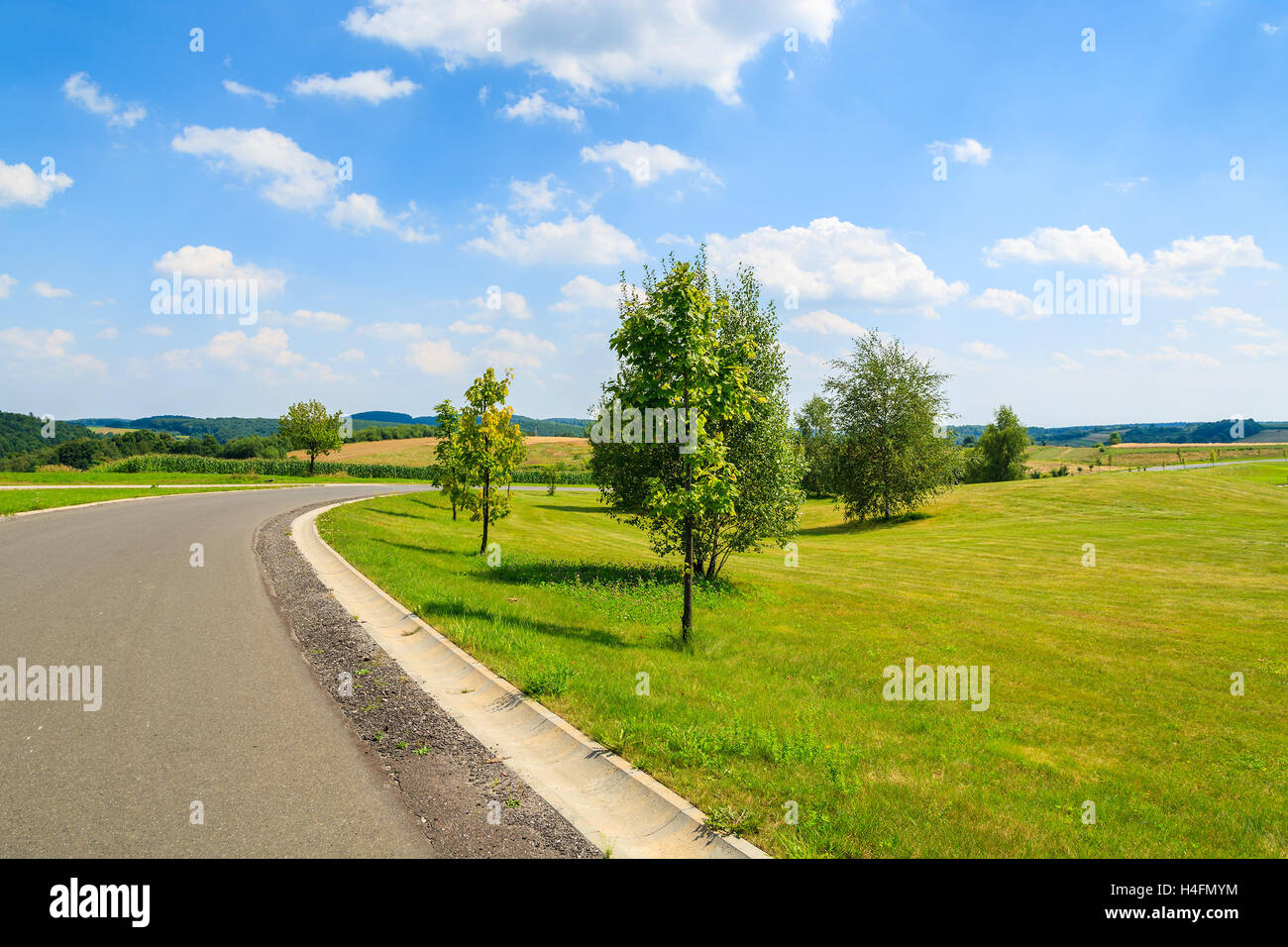 Road along farming field in summer on hot sunny day near Krakow, Poland Stock Photo