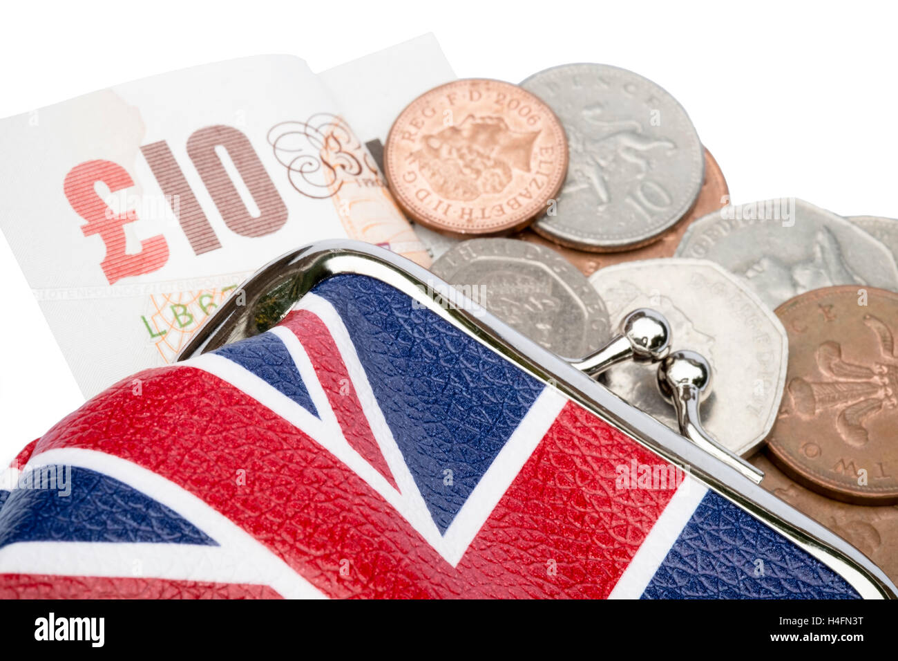 Purse with coins money & £10 pound note spilling out. Union Jack design. Stock Photo