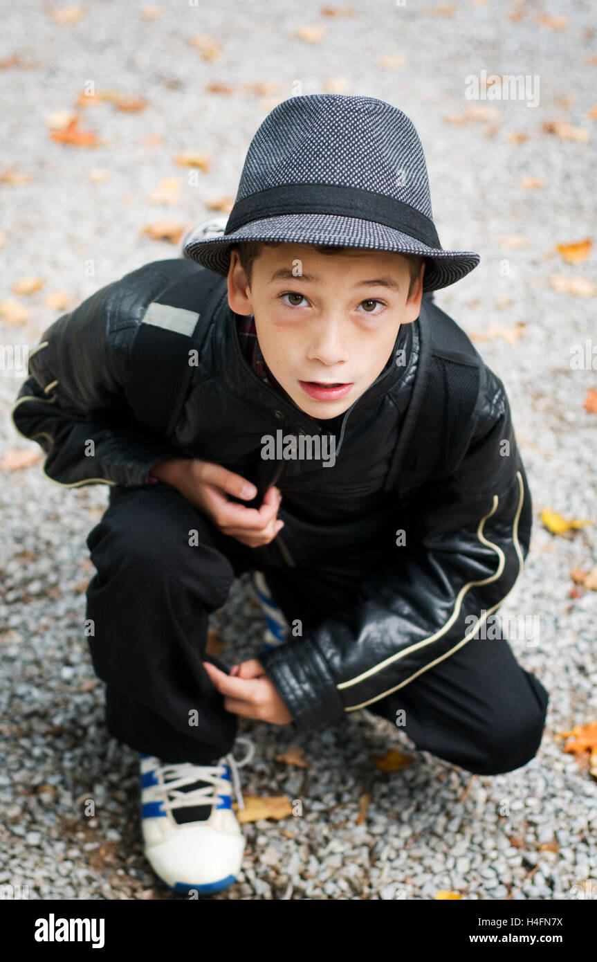 fashionable nine year old boy wearing a fedora Stock Photo Alamy