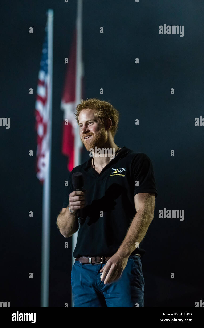 Prince Harry addresses the crowd at the Closing Ceremony for the Invictus Games on May 12, 2016 at the ESPN Wide World of Sports Complex in Orlando, Florida. Stock Photo
