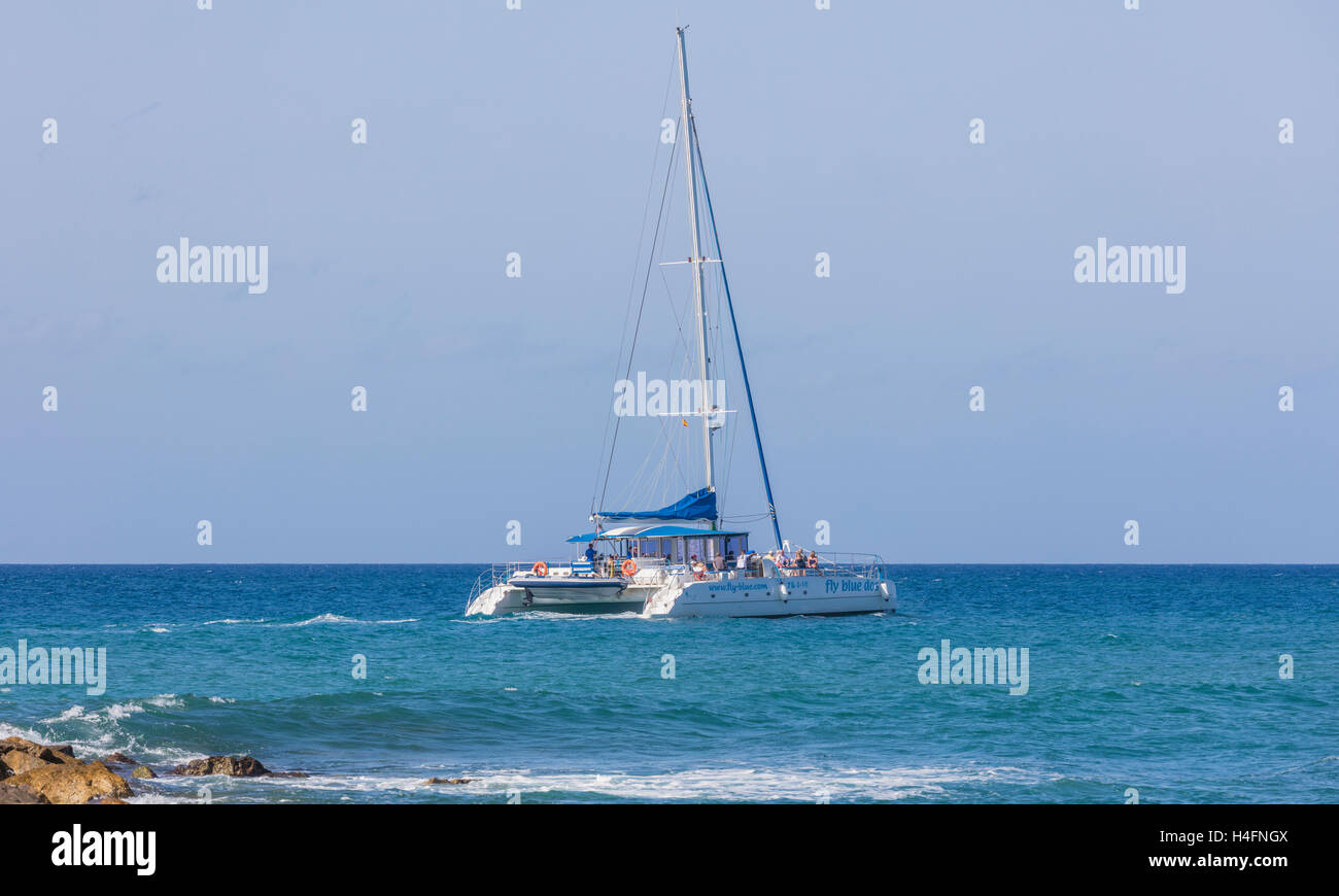 Marbella, Costa del Sol, Malaga Province, Andalusia, southern Spain.  Taita 80 class catamaran Fly Blue Dos Stock Photo