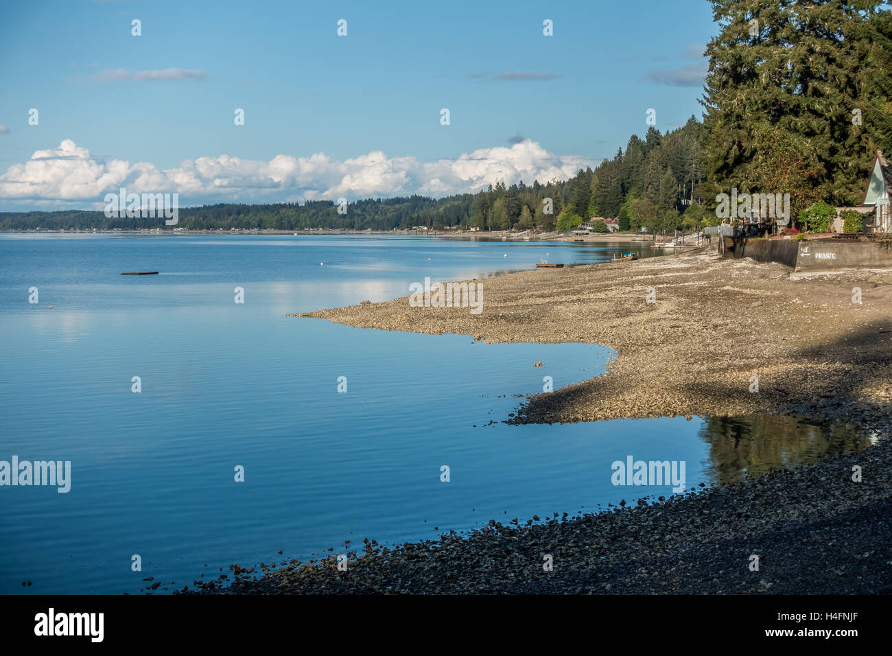 A panoramic view of homes along the coastline of Hood Canal in Washington State. The tide is low and the blue cloudy skies are r Stock Photo