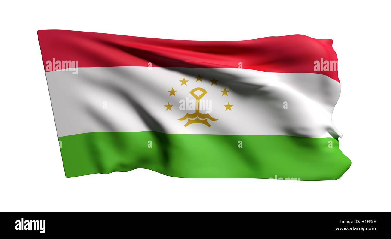 3d rendering of Republic of Tajikistan flag waving on white background Stock Photo