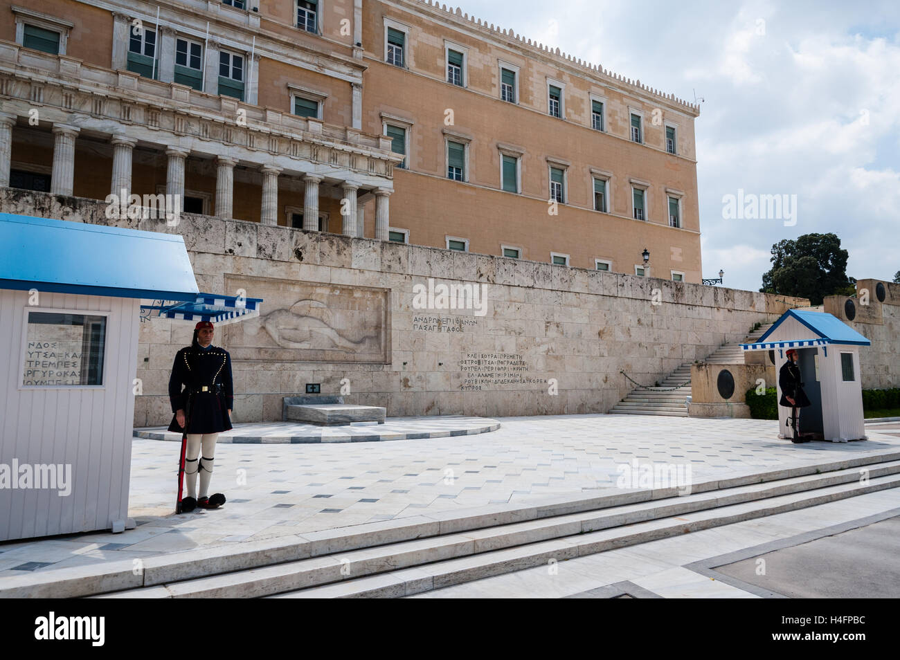 Athens, Greece. Syntagma Square, Evzones guarding the Tomb of the Unknown Soldier. Stock Photo