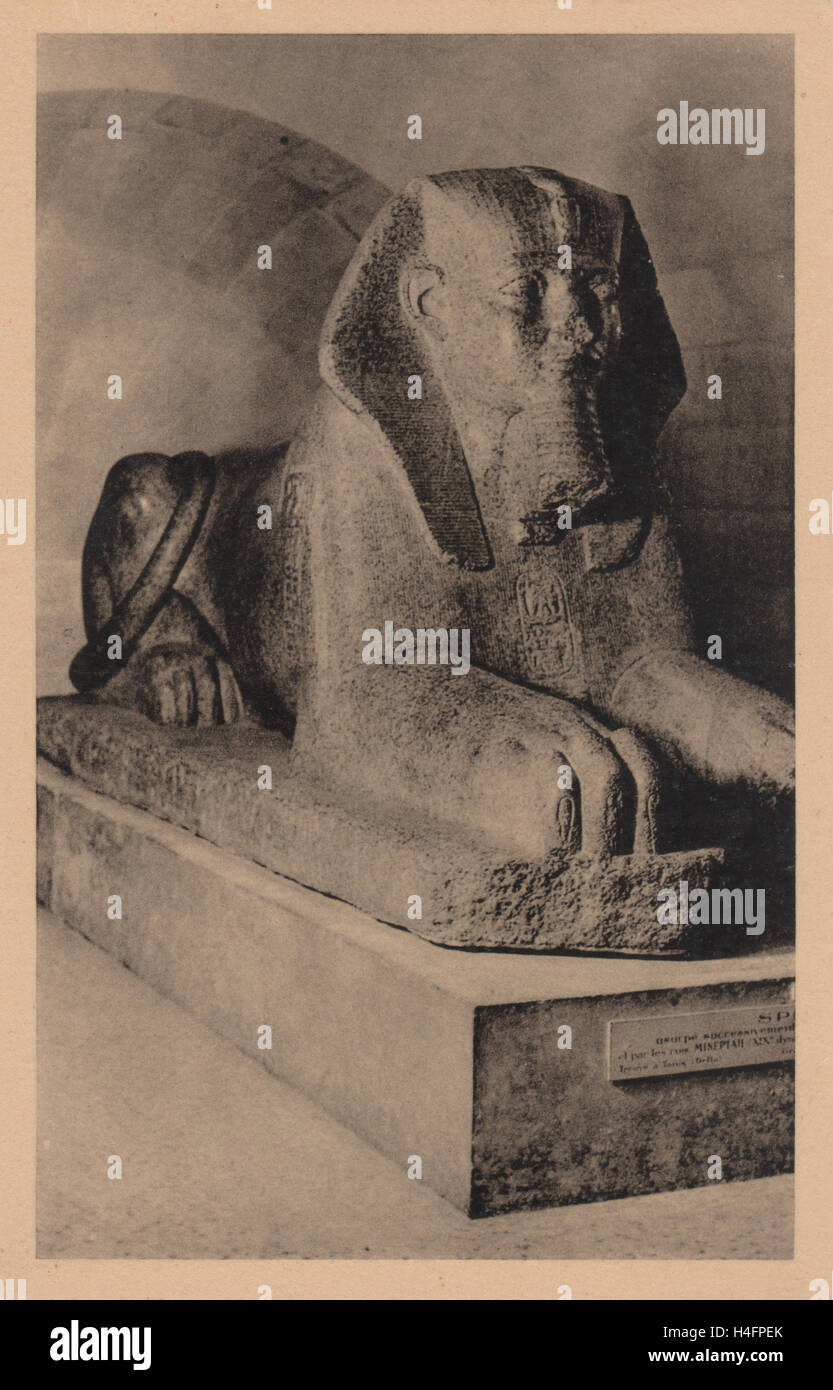 Vintage postcard depicting the Sphinx of Tanis held in the Louvre Museum Paris. It is one of the largest sphinxes outside of Egypt. Discovered in 1825 in the ruins of the Temple of Amun at Tanis the old capital of Egypt and is inscribed with the names of pharaohs Ammenemes II, Merneptah and Shoshenq I Stock Photo