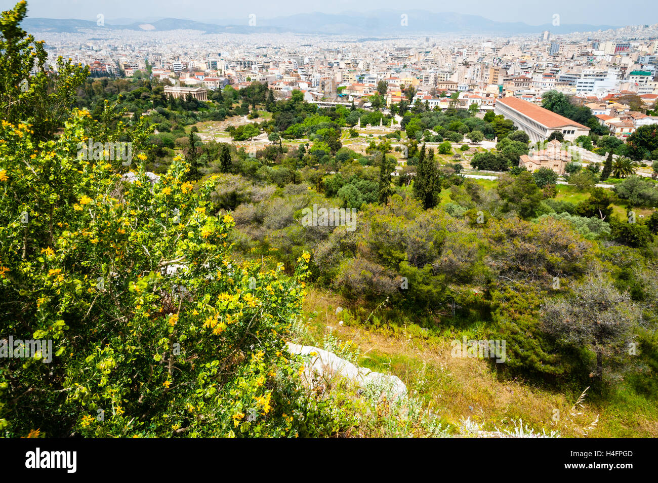 Athens, Greece. View from Areopagus below the Acropolis.  With the Temple of Hephaestus and Stoa of Attalos. Stock Photo