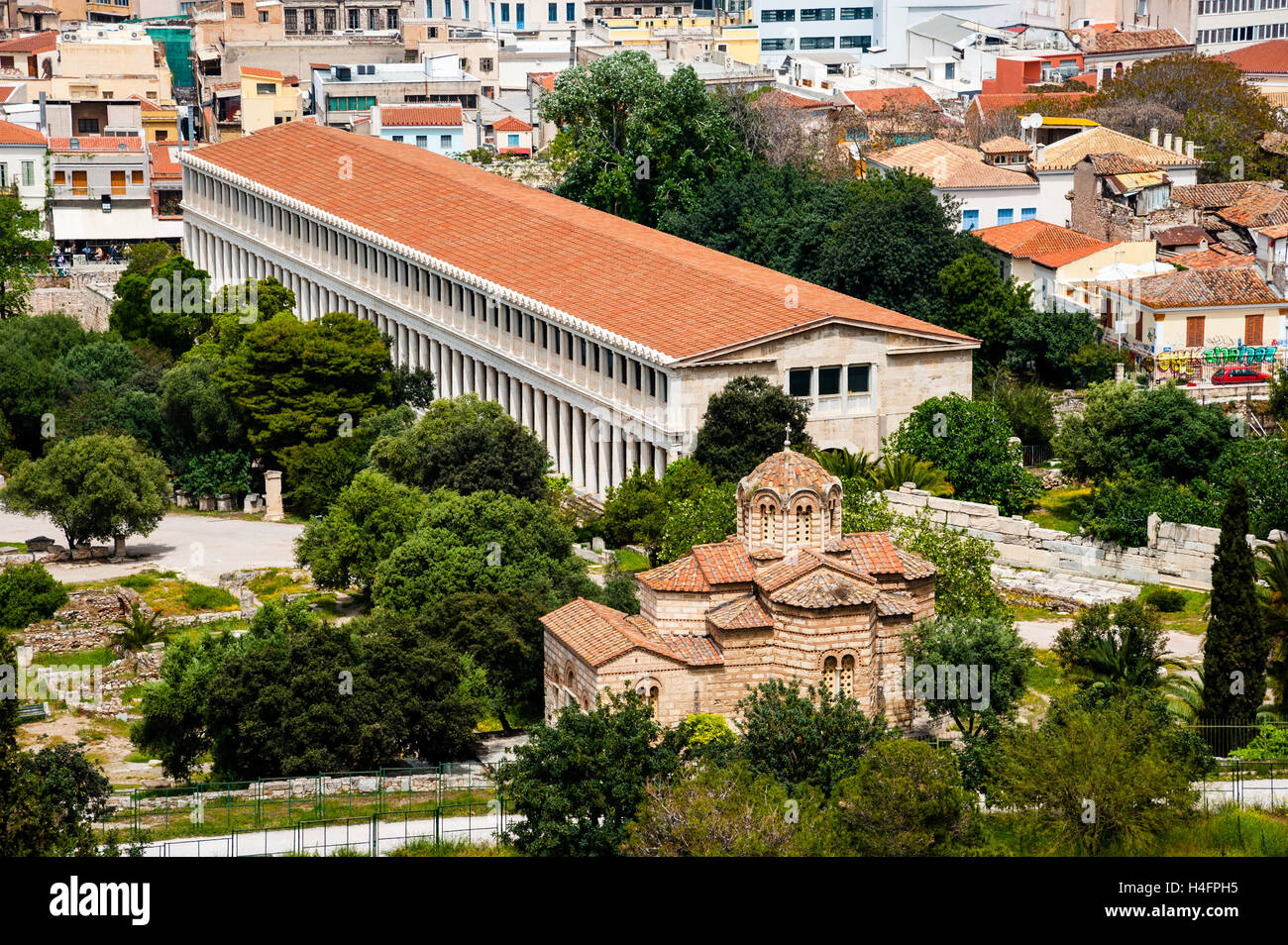 Athens, Greece. View from Areopagus below the Acropolis.  With the Stoa of Attalos. Stock Photo