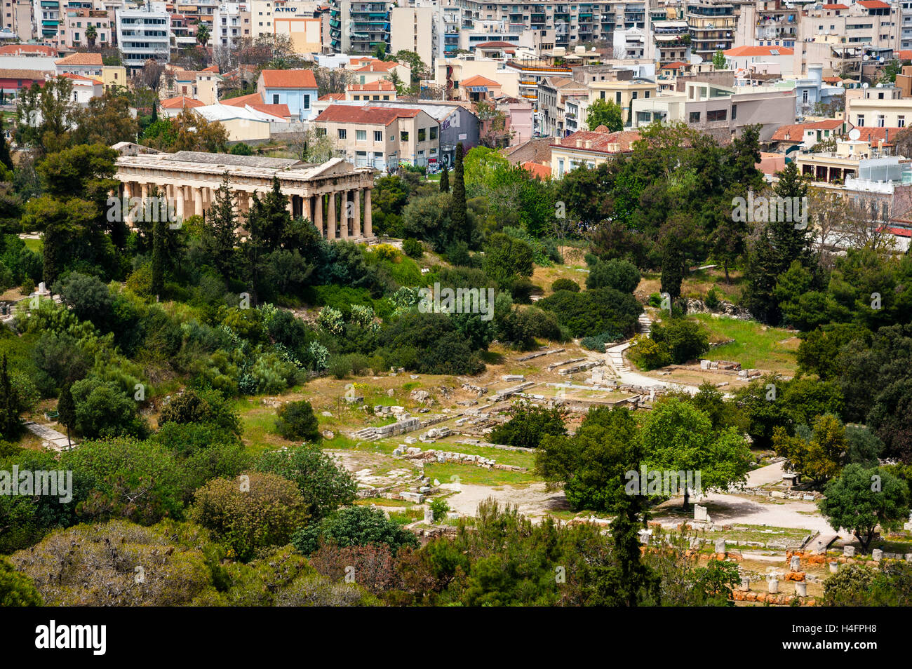 Athens, Greece. View from Areopagus below the Acropolis.  With the Temple of Hephaestus. Stock Photo