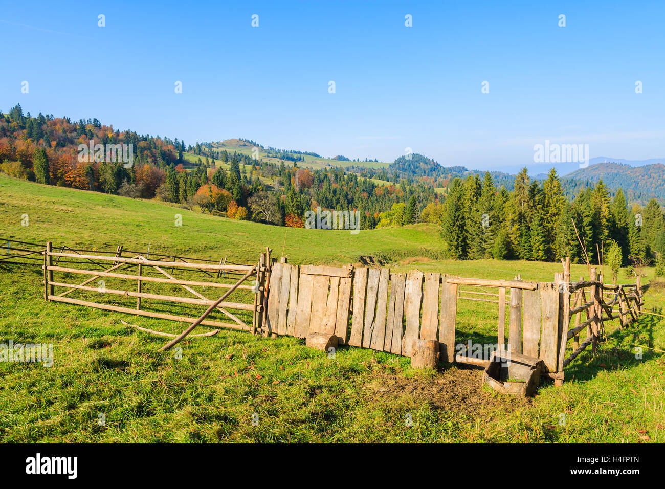 Pen for sheep on green field in countryside landscape of Pieniny Mountains on sunny autumn day, Poland Stock Photo