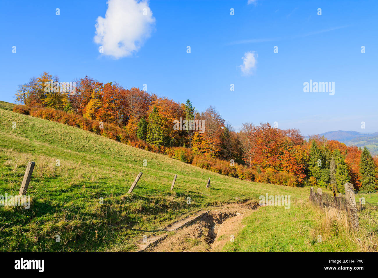 Countryside road in rural autumn landscape of Pieniny Mountains on sunny day, Poland Stock Photo