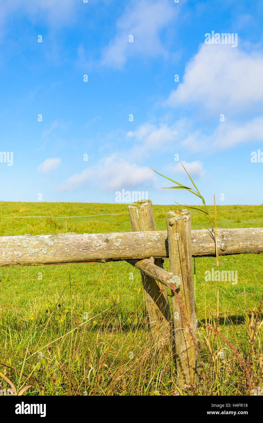 Wooden fence on green field on sunny day, Beskid Niski Mountains, Poland Stock Photo