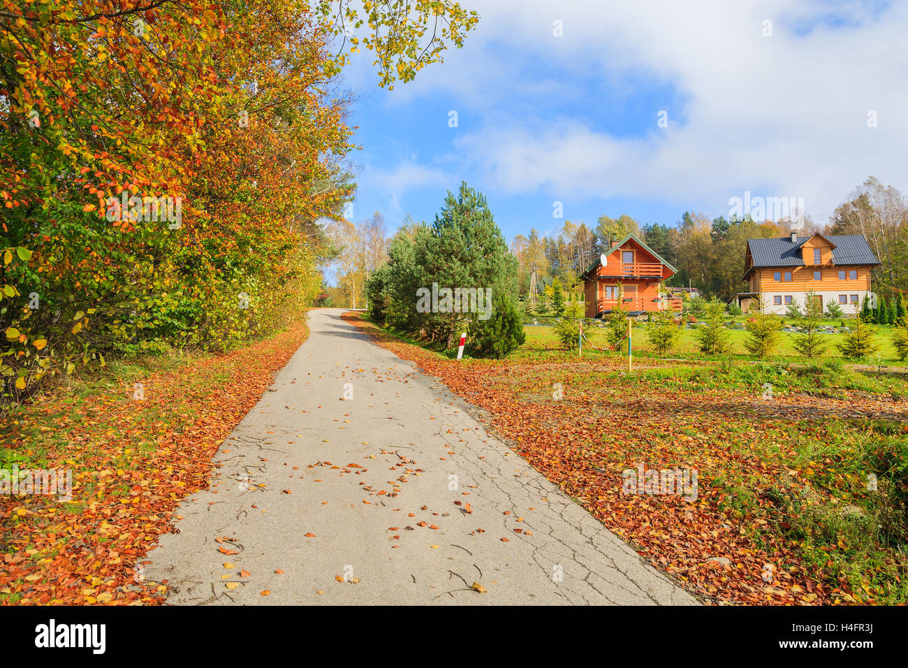 Rural road in autumn landscape with mountain houses in background, Beskid Niski Mountains, Poland Stock Photo