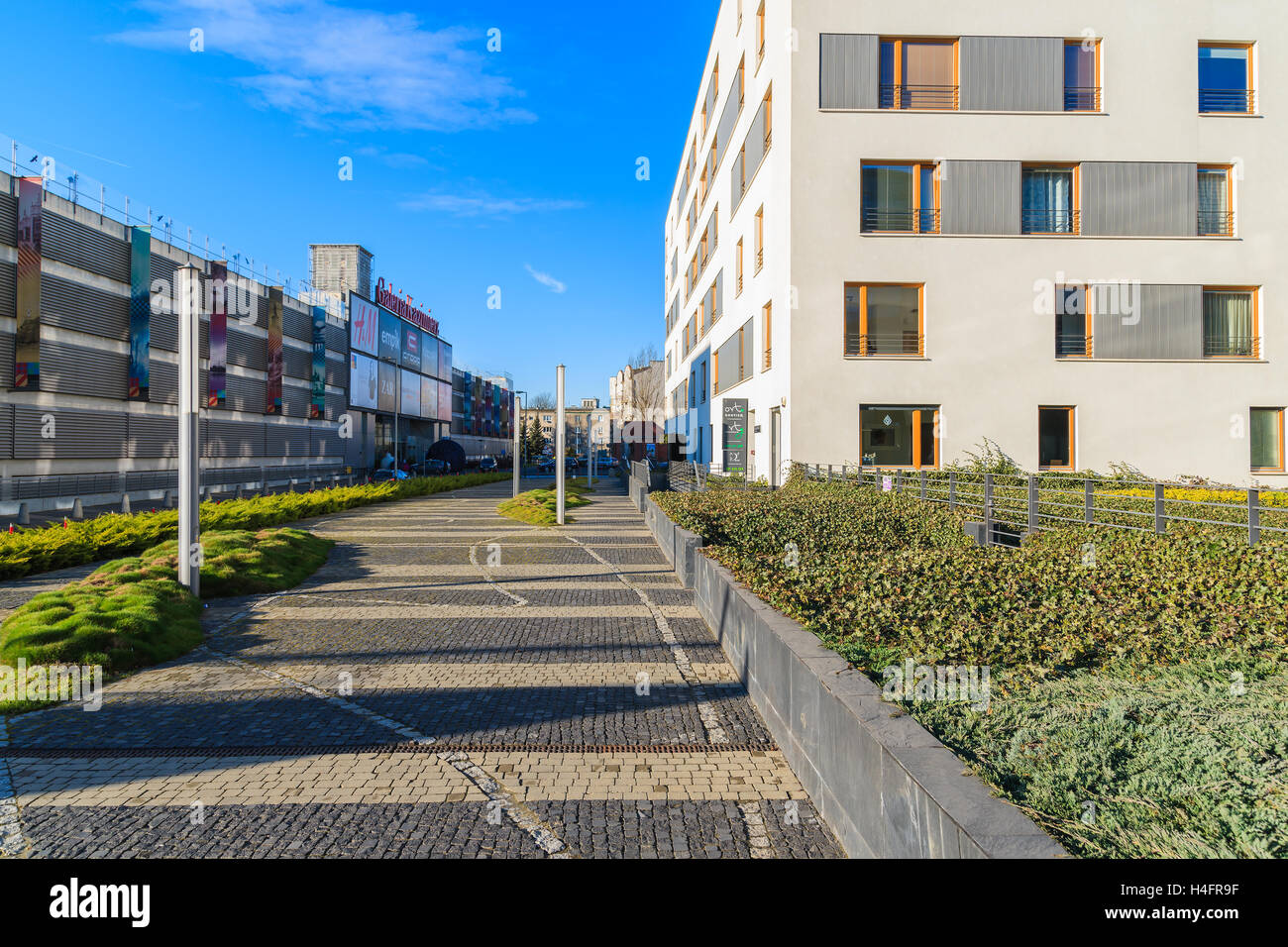 KRAKOW, POLAND - DEC 12, 2014: modern white apartment building in Kazimierz district of Krakow. This area is becoming a fashionable place to live a it is close to tourist attractions of city center. Stock Photo