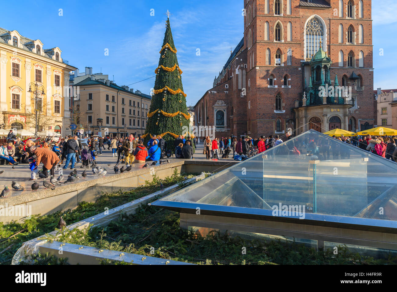 KRAKOW, POLAND - DEC 13, 2014: Christmas tree on main market square of Krakow with Mariacki church in background. Every year a Christmas fair take places in historic city of Krakow, Poland. Stock Photo