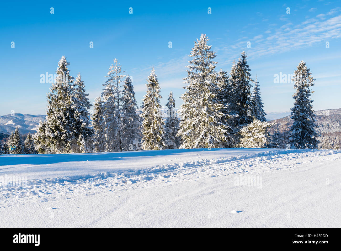Winter landscape of Beskid Sadecki Mountains on sunny day, Poland Stock Photo
