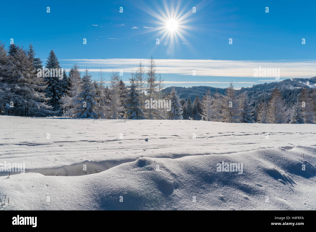 Winter in Beskid Sadecki Mountains on sunny day, Poland Stock Photo