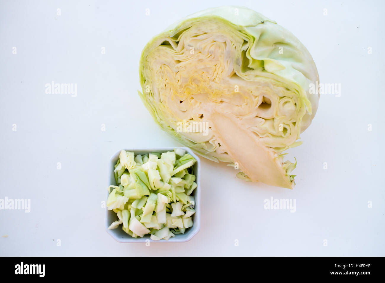 Green cabbage cut up and sliced ready for your kitchen to cook, farm inspired Stock Photo