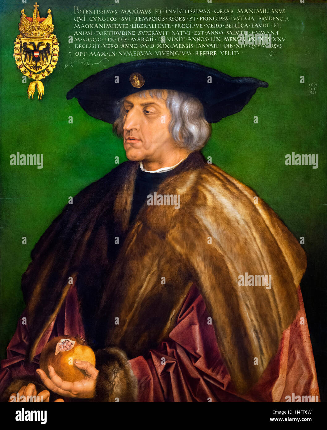 Maximilian I (1459-1519), King of the Romans (also known as King of the Germans) from 1486 and Holy Roman Emperor from 1493 until his death. Portrait by Albrecht Dürer, oil on wood, 1519. Stock Photo
