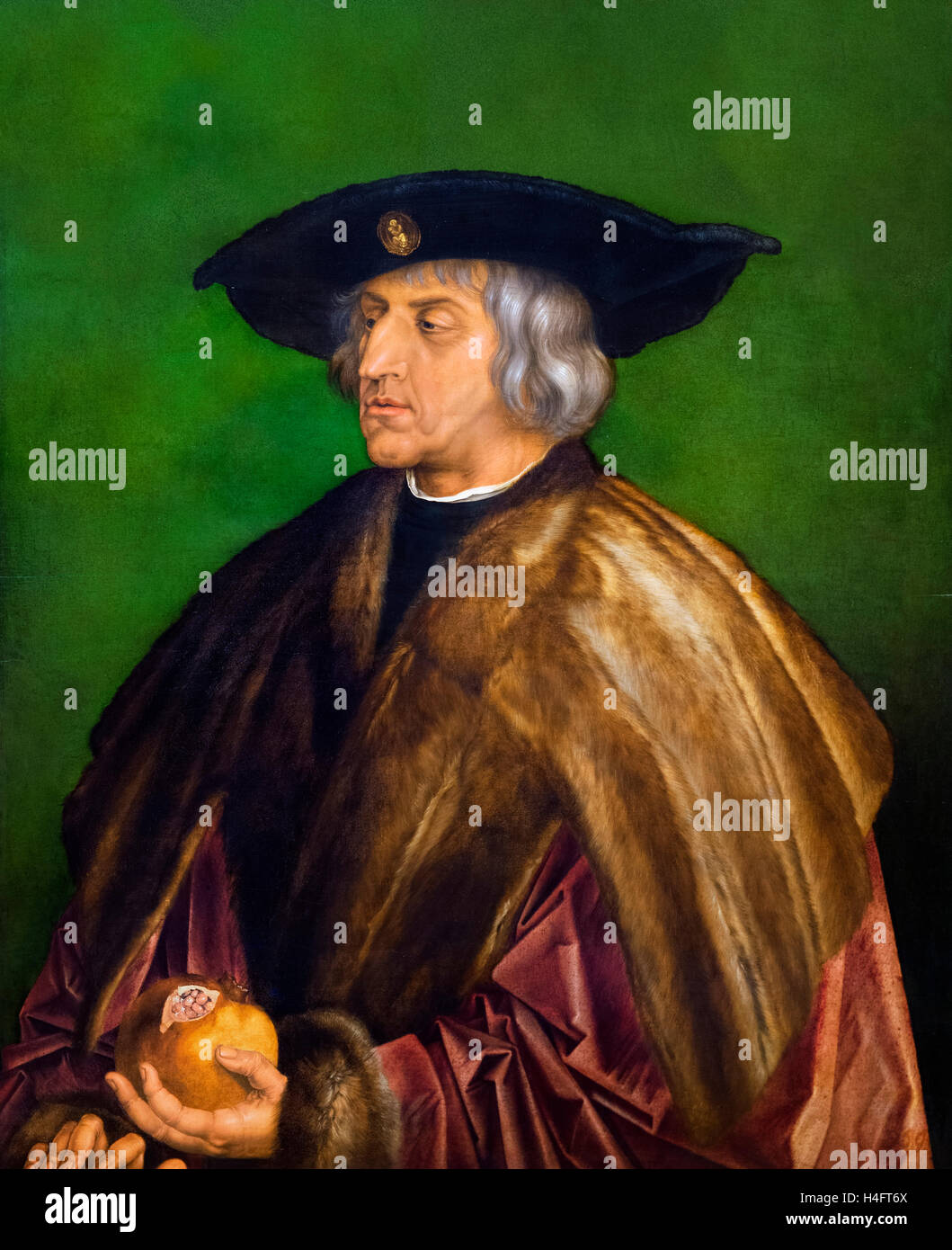 Maximilian I (1459-1519), King of the Romans (also known as King of the Germans) from 1486 and Holy Roman Emperor from 1493 until his death. Portrait by Albrecht Dürer, oil on wood, 1519. Stock Photo
