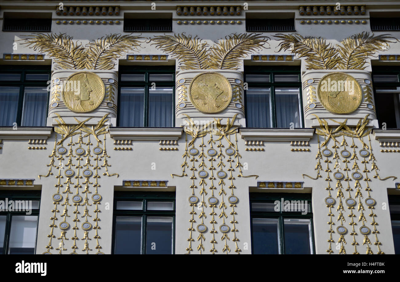 Otto Wagner House. Facade details of golden decorations. Vienna, Austria. Stock Photo