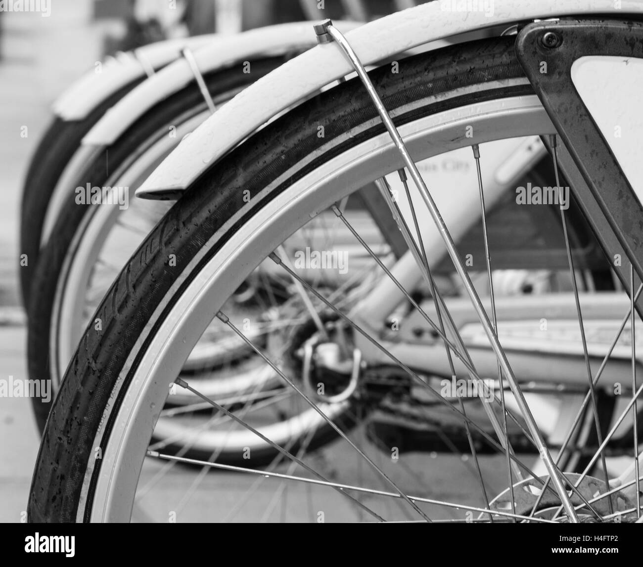lineup of multiple rental bikes in downtown kansas city, missouri Stock