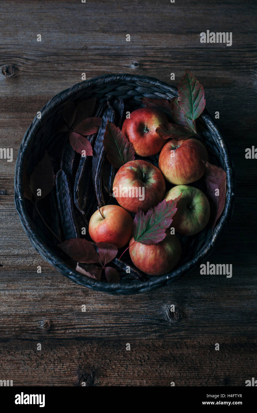 Organic red apples and carob pods in a basket with Autumn leaves Stock Photo