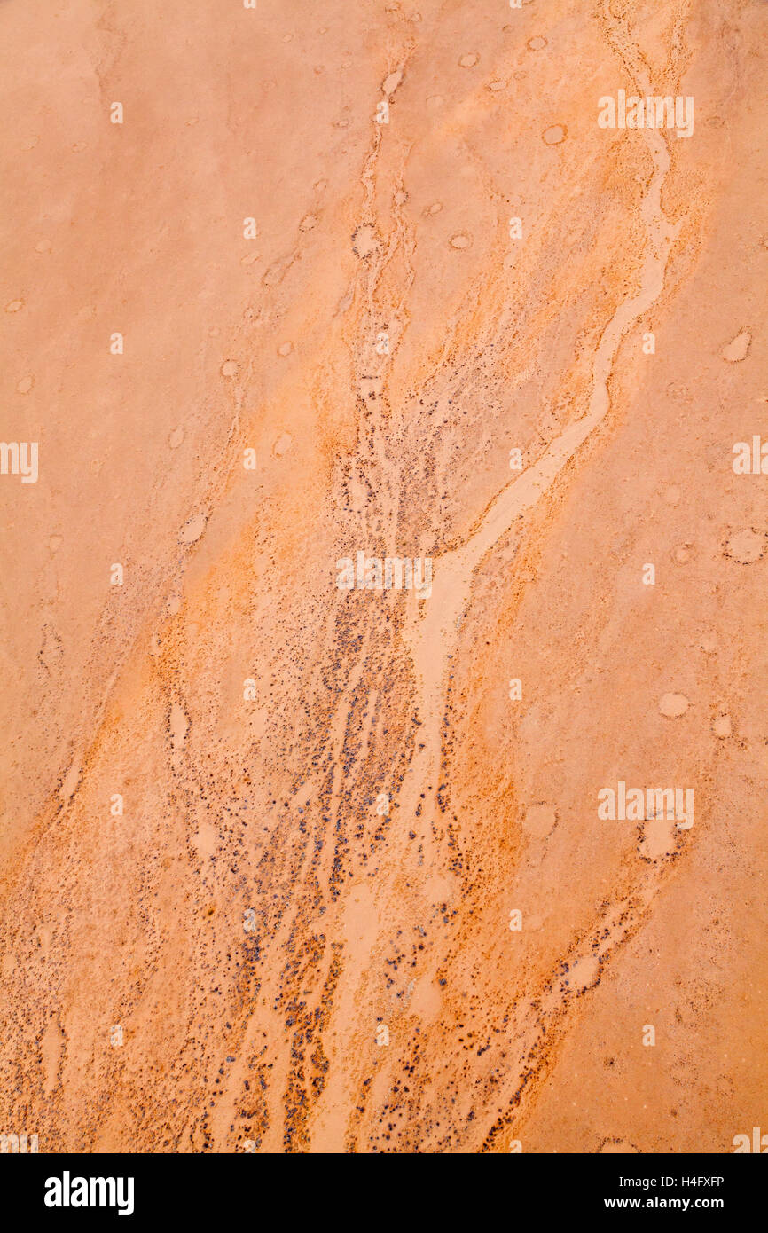 Fairy circles and dry river bed seen from above while Hot air ballooning, Namib-Naukluft National Park, Namibia Stock Photo
