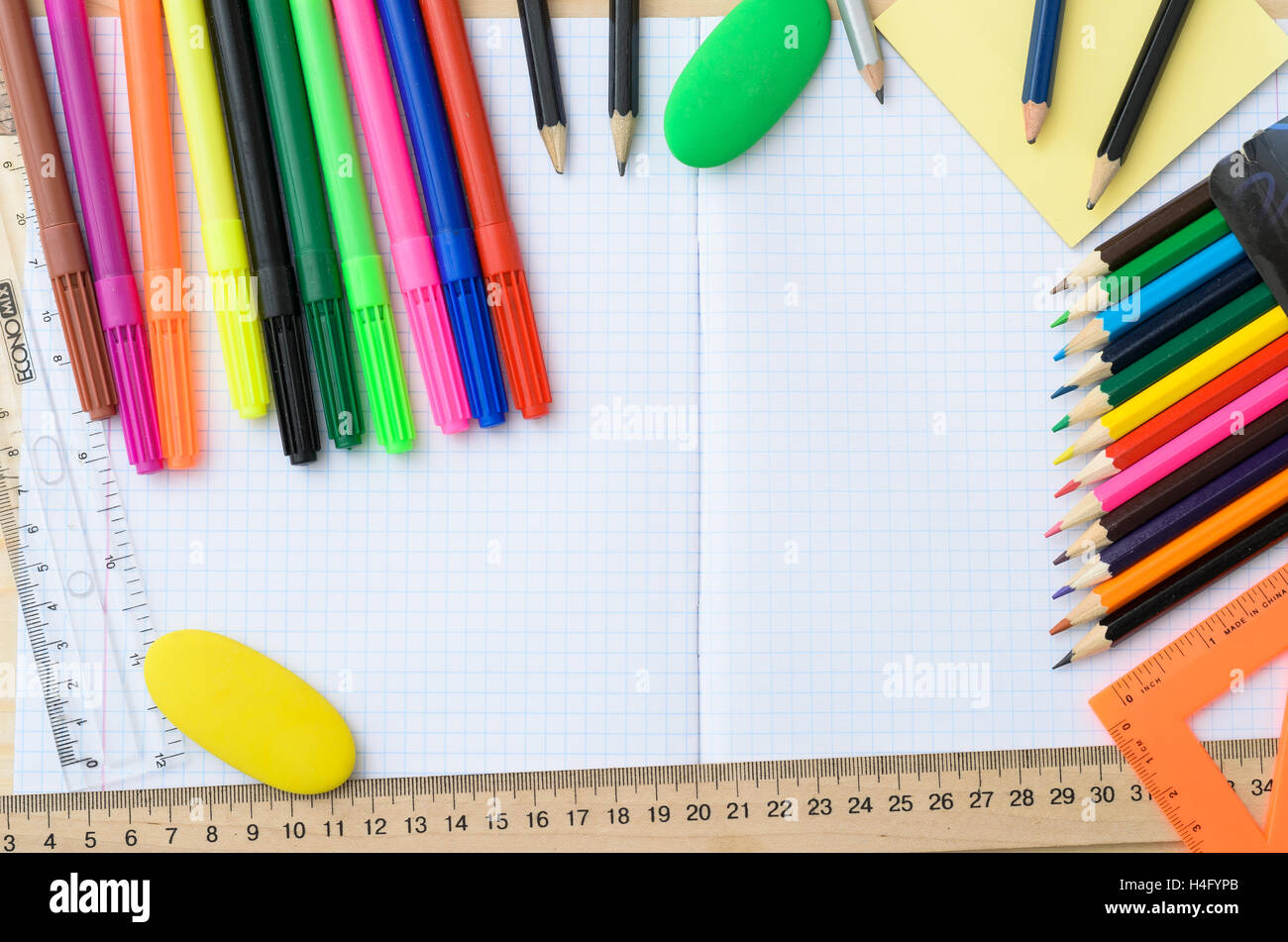 School stationery with notebook copyspace Stock Photo - Alamy