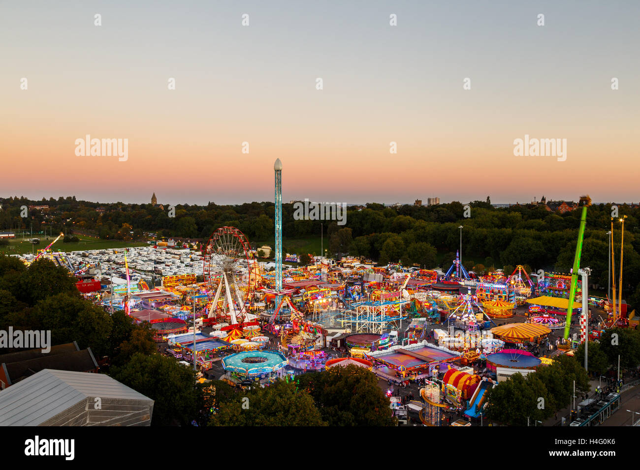 Goose Fair carnival on the Forest Recreation Ground, from a high viewpoint. In Notti Stock Photo