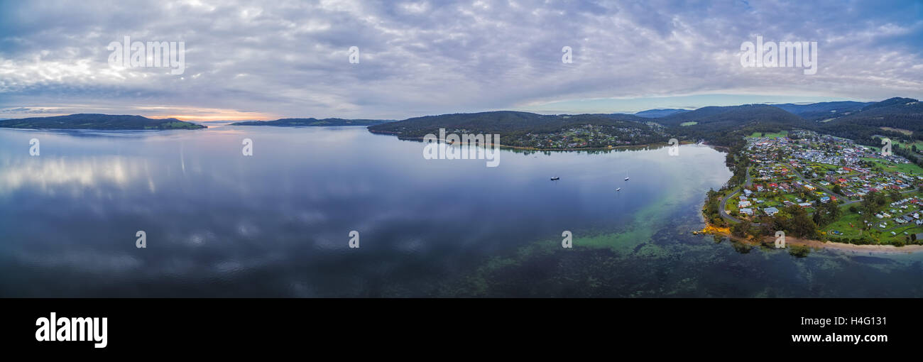 Aerial panorama of North West Bay near Hobart at sunset. Tasmania, Australia Stock Photo