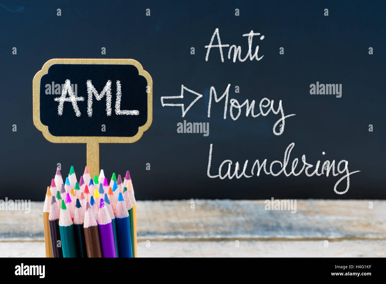 Business Acronym AML Anti Money Laundering written with chalk on wooden
