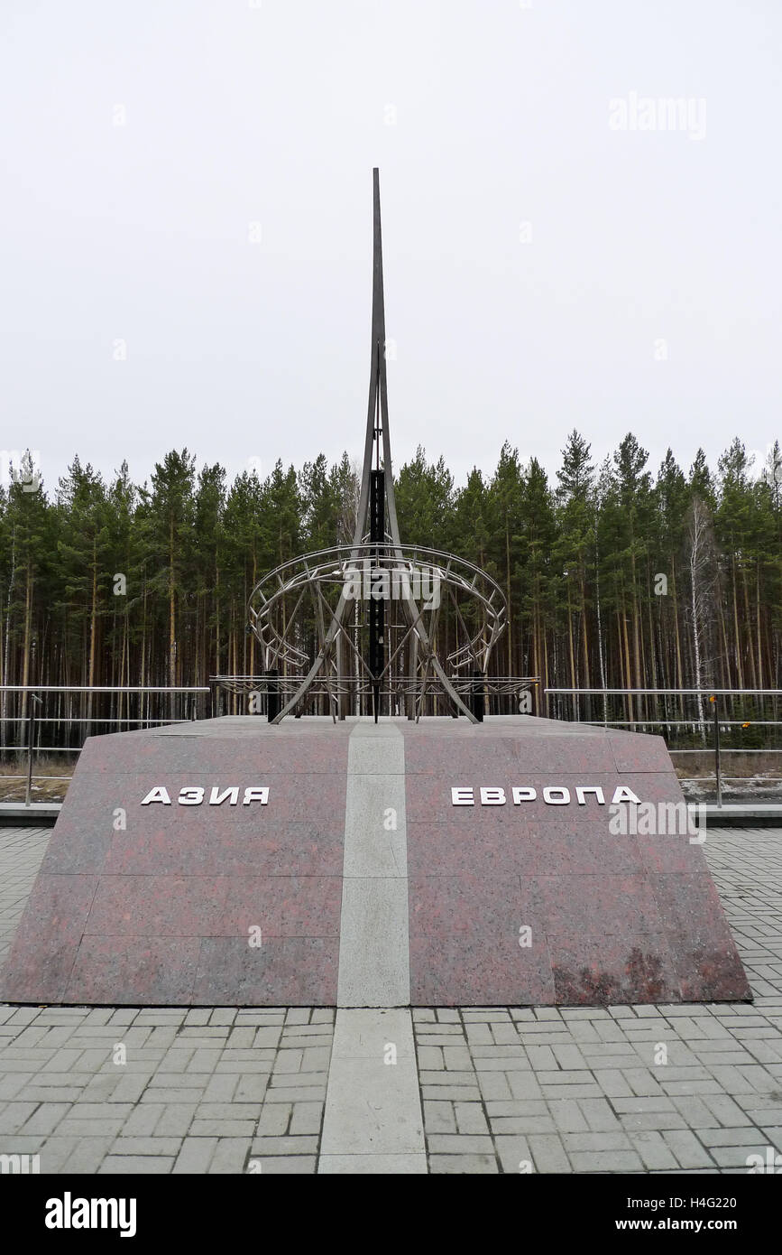 The unofficial border point between Asia and Europe in the Ural Mountains in Russia. Stock Photo