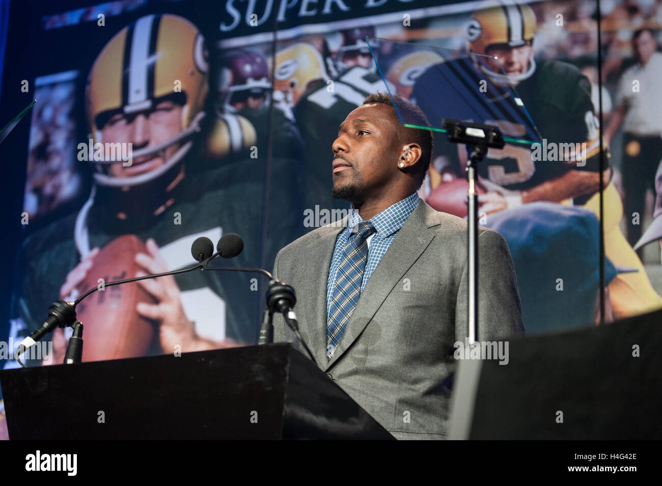 Thomas Davis accepts the 2016 Bart Starr award at the Super Bowl Breakfast for Super Bowl 50 on February 6th, 2016 in San Francisco, California. Stock Photo