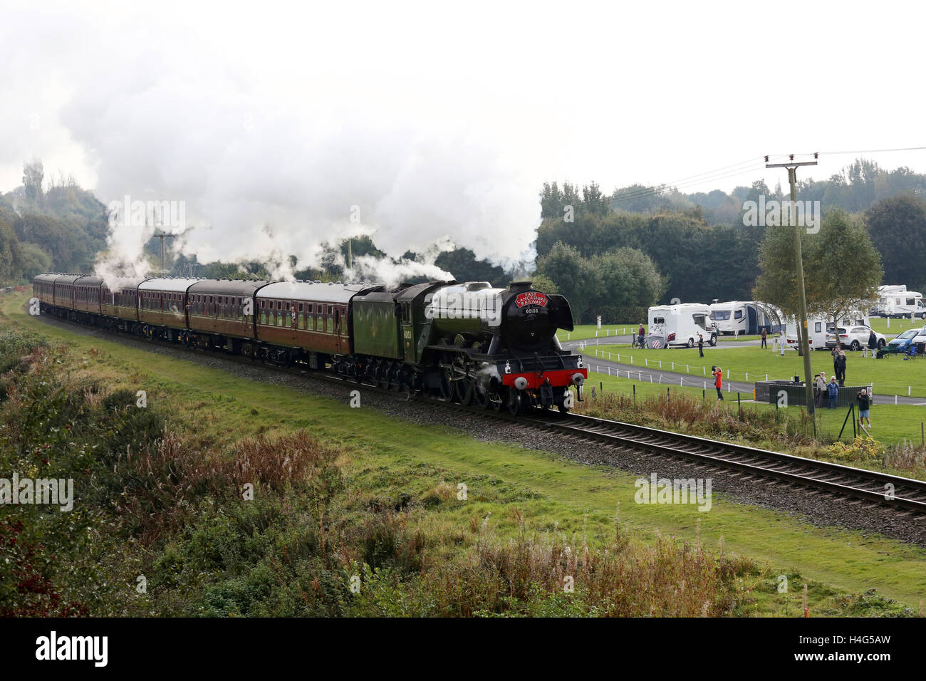 Bury, Lancashire, UK. 15th October, 2016. The Flying Scotsman passing alongside Burrs Country Park, Bury, 15th October 2016 Credit:  Barbara Cook/Alamy Live News Stock Photo