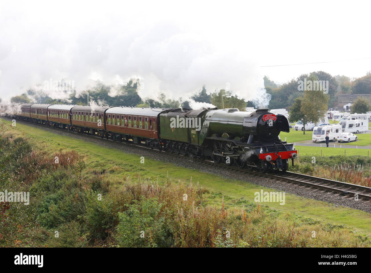 Bury, Lancashire, UK. 15th October, 2016. The Flying Scotsman passes Burrs Country Park, Bury, 15th October 2016 Credit:  Barbara Cook/Alamy Live News Stock Photo