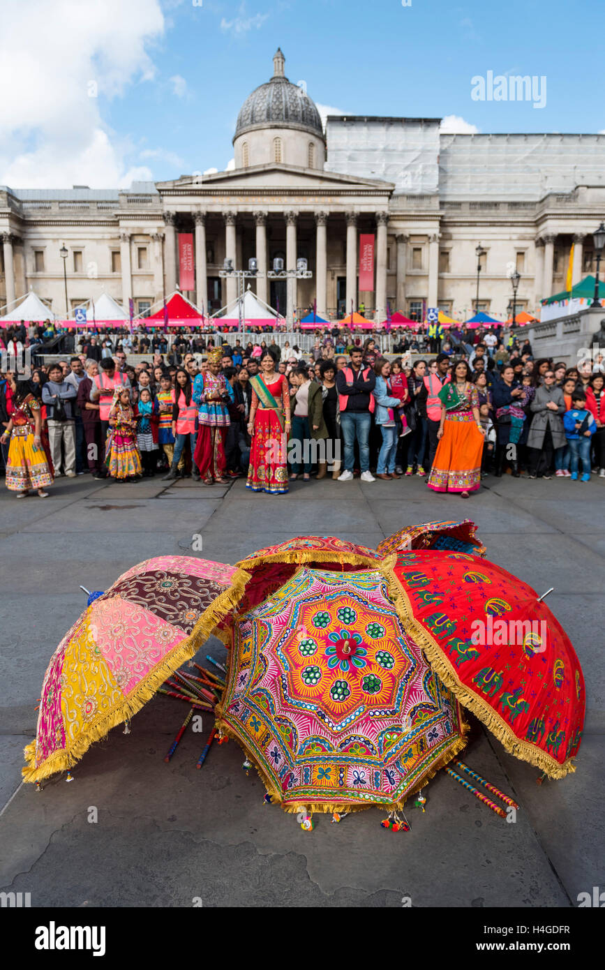 London, UK.  16 October 2016.  Colourful umbrellas belonging to Garba dancers performing at the annual Diwali festival taking place in Trafalgar Square. Credit:  Stephen Chung / Alamy Live News Stock Photo