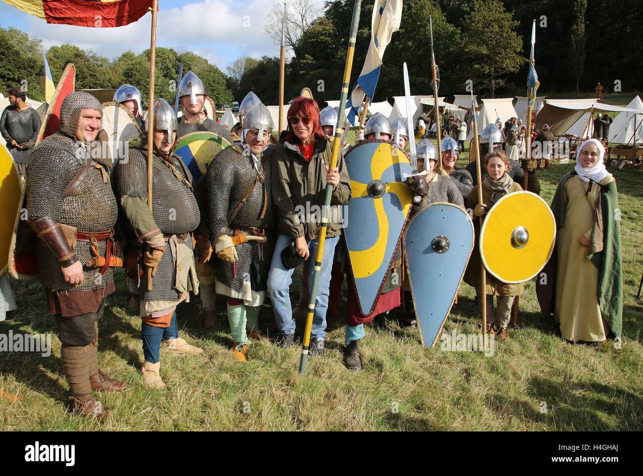 Re-enactors, with Janet Street-Porter (centre) in Battle, near Hastings to re-enact the clash between King Harold and William the Conqueror on the 950th anniversary of the Battle of Hastings. Stock Photo