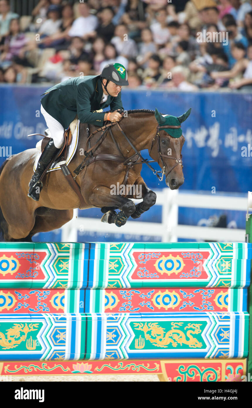 Olympic Games 2008, Hong Kong (Beijing Games) August 2008, Bernardo Alves (BRA) riding Chupa Chup 2, Show jumping first qualifyi Stock Photo