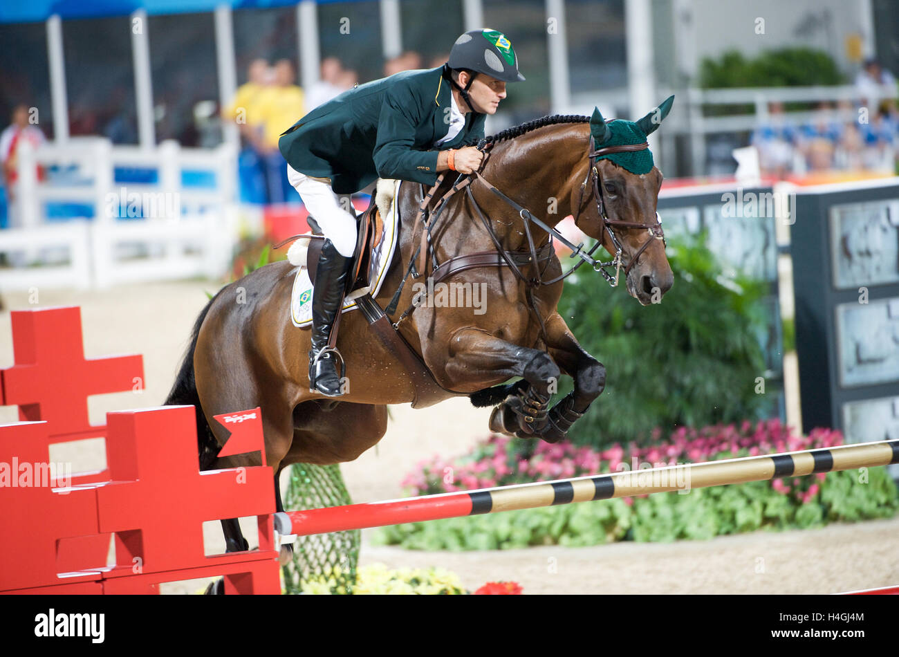 Olympic Games 2008, Hong Kong (Beijing Games) August 2008, Bernardo Alves (BRA) riding Chupa Chup 2, Show jumping first qualifyi Stock Photo