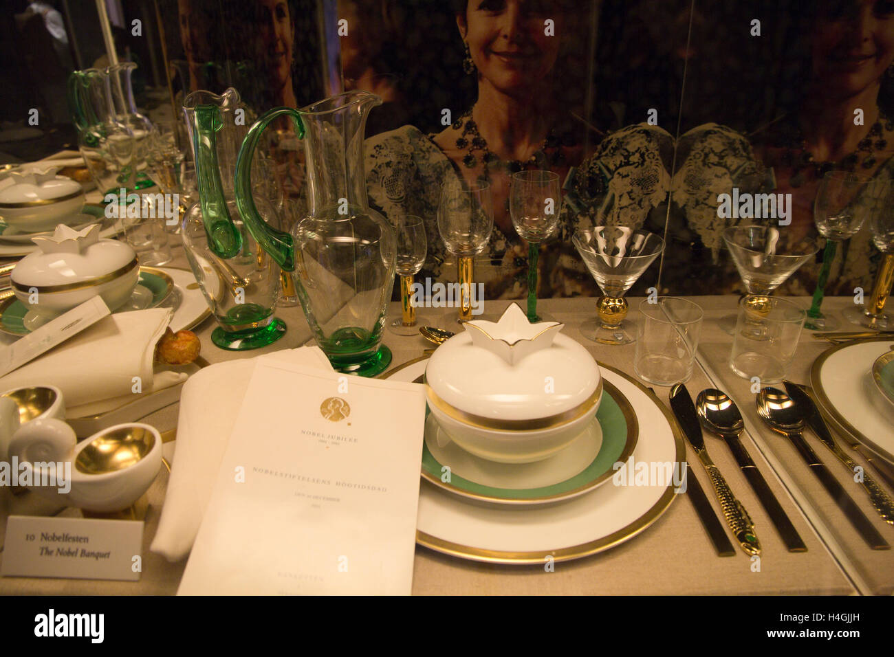 This exhibit at the Nordic Museum features a table setting from the Nobel Peace Prize banquet held annually in Stockholm, Sweden Stock Photo