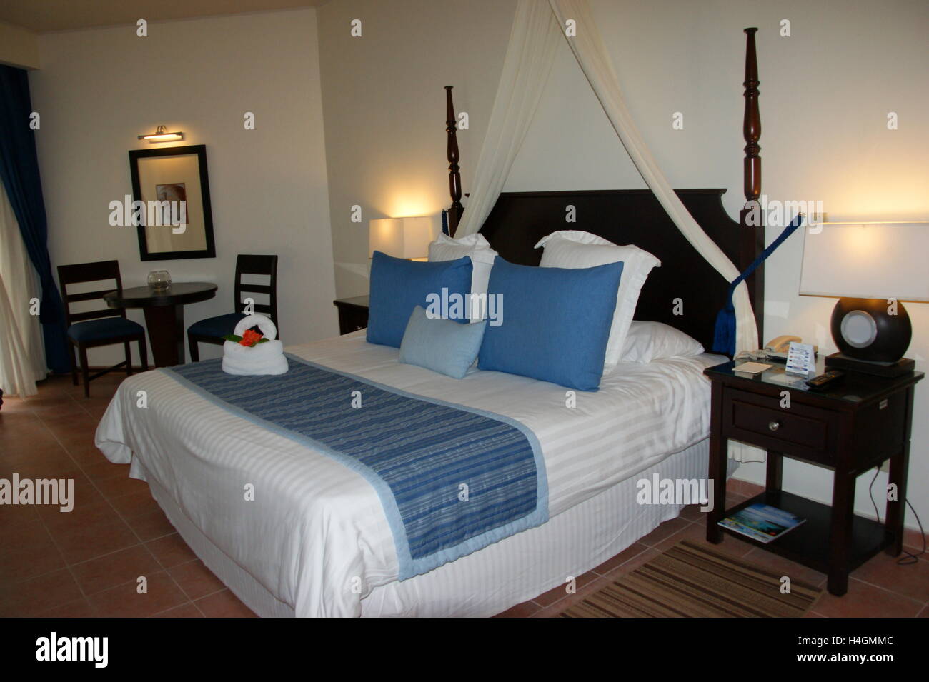 Hotel room in blue tones. Dreams La Romana Resort and Spa. Bayahibe, La Altagracia Province, Dominican Republic, Caribbean Sea. Stock Photo