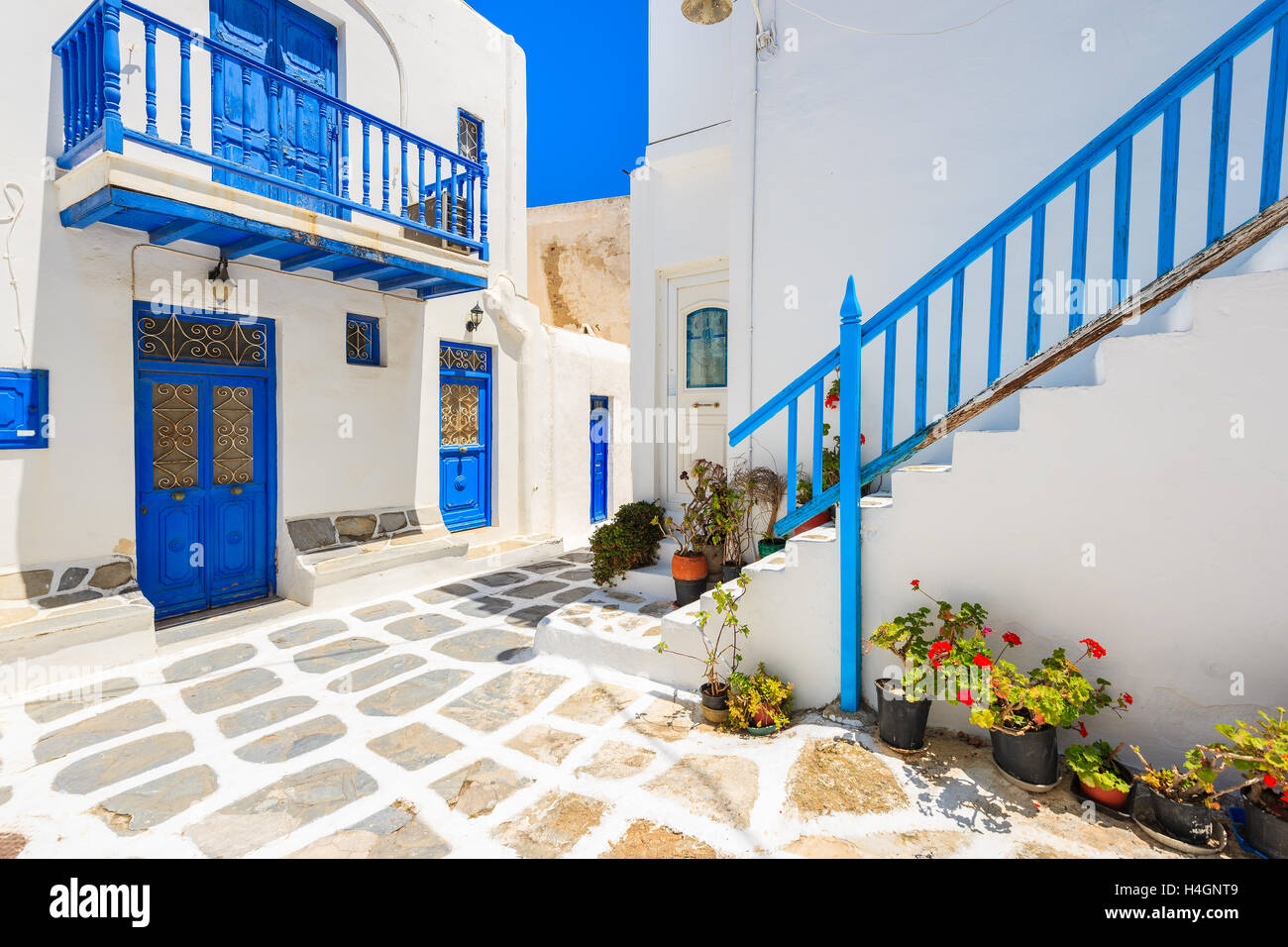 A view of whitewashed street with typical Greek architecture in beautiful Mykonos town, Cyclades islands, Greece Stock Photo