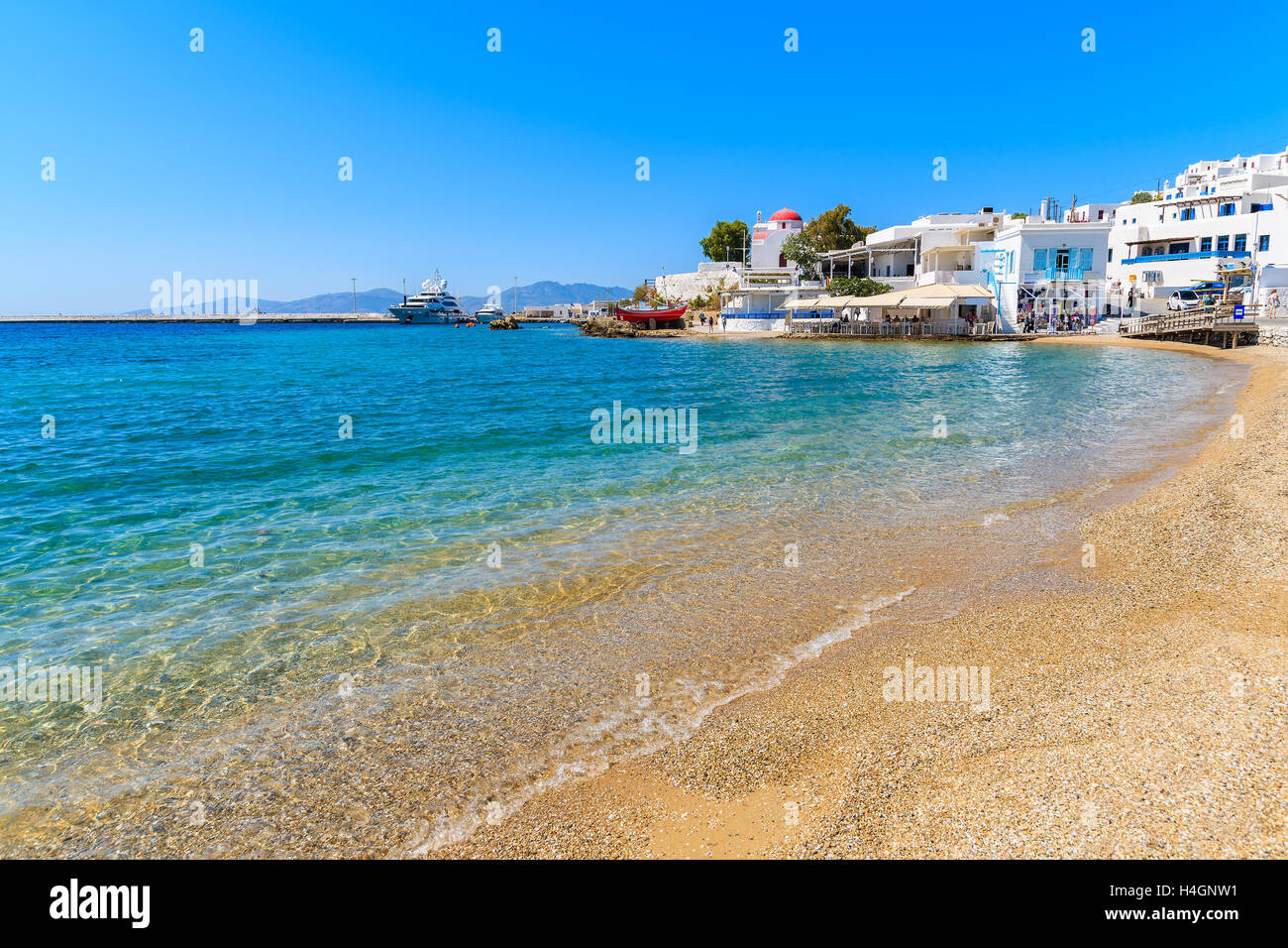 View of beautiful beach in Mykonos town, Greece Stock Photo