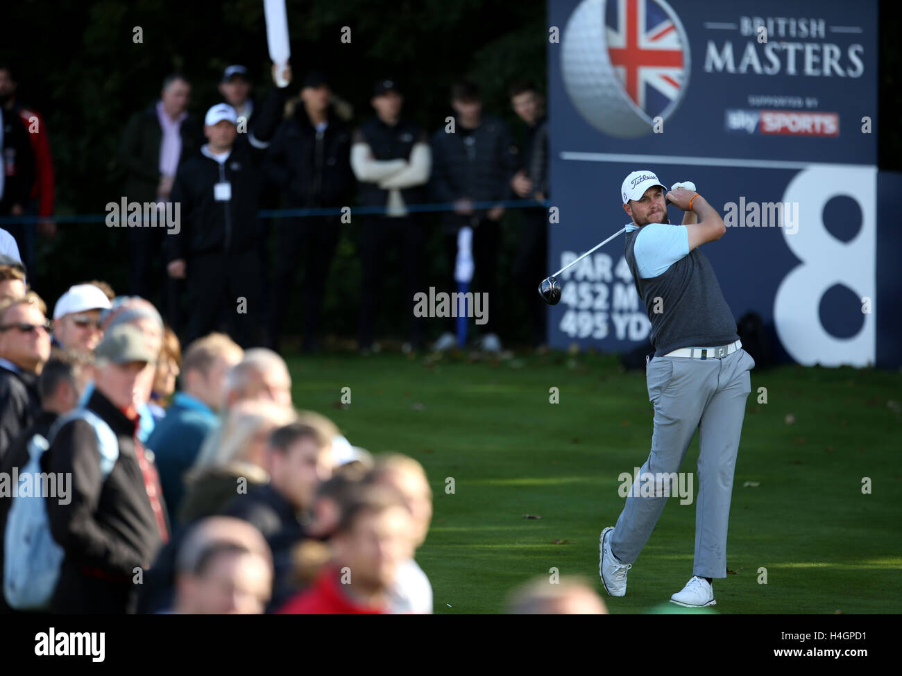 England's Matthew Southgate tees off on the 8th hole during day four of The British Masters at The Grove, Chandler's Cross. Stock Photo